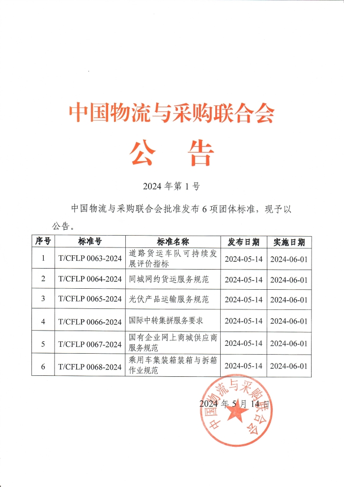 2024年第1號(hào)中物聯(lián)公告 《道路貨運(yùn)車(chē)隊(duì)可持續(xù)發(fā)展評(píng)價(jià)指標(biāo)》等團(tuán)體標(biāo)準(zhǔn)發(fā)布